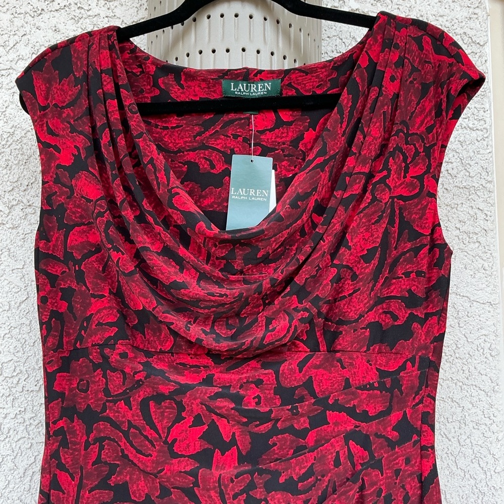 NWT Ralph Lauren Cowl Neck Jersey Sheath Floral Midi Dress Size 10 Cocktail Red - Picture 4 of 9
